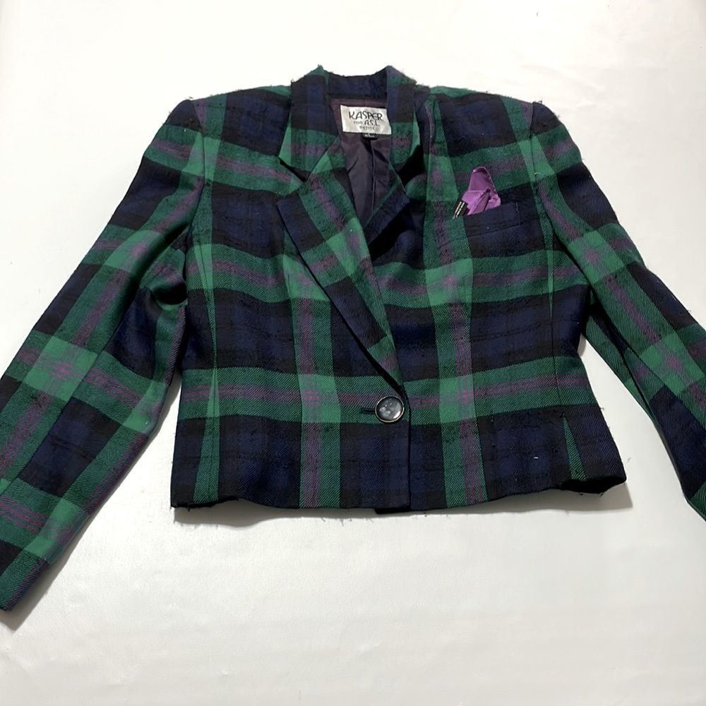 Vintage Kasper ASL petite Blazer Women's Size 6 Plaid 100% Wool fully lined